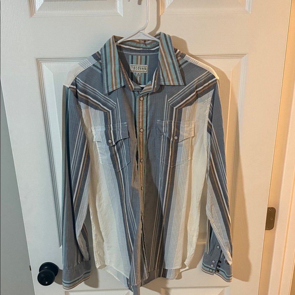 Tecovas Blue, White and Tan Striped Casual Button-Down Shirt